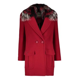 Fendi Double-Breasted Coats, female, Red, Size: 3XS Fox Fur Trim Wool Coat