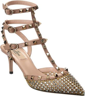 Valentino Rockstud Caged 65 Mesh & Leather Ankle Strap Pump