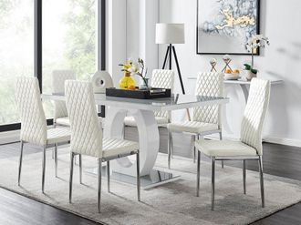 Furniturebox Giovani 6-Seater Grey Glass Dining Table & 6 Milan Faux Leather Dining Chairs in White