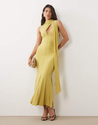 Asos Vestito lungo modellante color oliva con dettaglio foulard-Verde