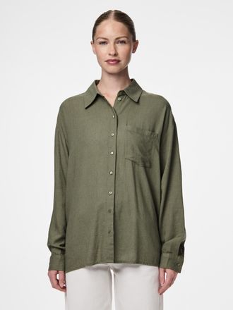 Pieces Hemdbluse PIECES PCPIA LS LOOSE SHIRT WVN NOOS, Damen, Gr. XS (34), gr&uuml;n (deep lichen gr&uuml;n), Web, Obermaterial: 70% Viskose, 30% Leinen, unifarben, lo