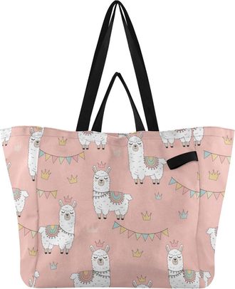 Generic Llama Queen Pink pattern Reusable Canvas Tote Bag, Heavy Duty Grocery Shopping Bag with Double Handles Large Capacity Hard Bottom Work Groceries Trave