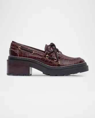 Bernardo Nico Croc-Embossed Leather Lug-Sole Boat Loafers