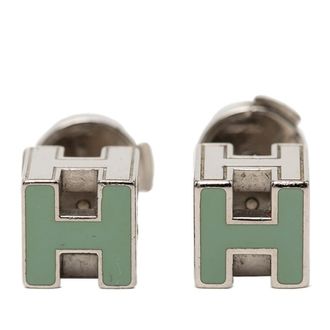 Herm&egrave;s Pre-owned Hermes Palladium Plated Enamel Cage dH Cube Push Back Earrings Ladies VPSZEGY2PFA5XOAJ