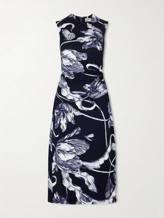 Erdem Abito Midi In Tessuto Ponte Floreale Con Arricciature - Blu