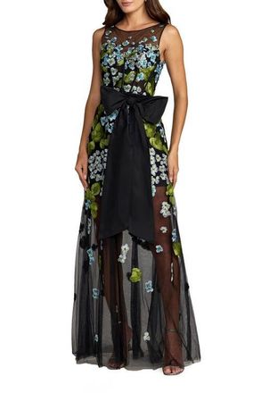 Mac Duggal Sleeveless Mesh Applique Gown With Bow Belt in Blue Multi at Nordstrom, Size 12