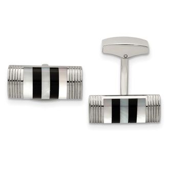Diamond2Deal Stainless Steel Polished Mother of Pearl and Onyx Cufflinks