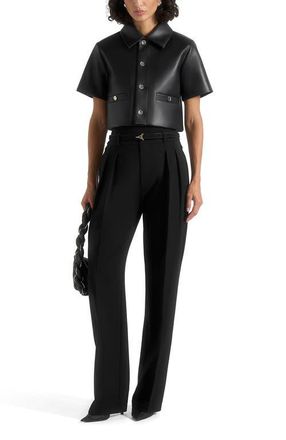 Mani&egrave;re De Voir Dory Leather Cropped Shirt in Black at Nordstrom, Size 6