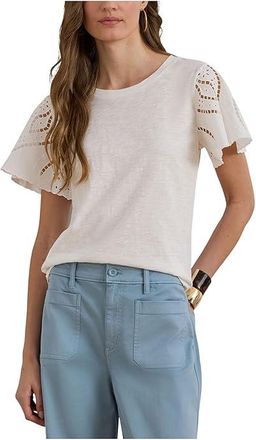 Lauren Ralph Lauren Eyelet Cotton Jersey Broadcloth Top Womens Clothing White : LG