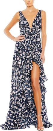 Mac Duggal Floral Print Sleeveless Ruffled High Low Gown
