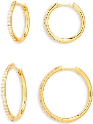 Nordstrom Set of 2 Cubic Zirconia Pav&eacute; Skinny Hoop Earrings in Clear- Gold at Nordstrom Rack