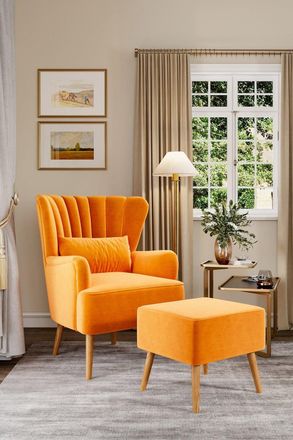 Living and Home Orange Matte Velvet Striped Curved Wing Back Armchair with Cushion and Footstool