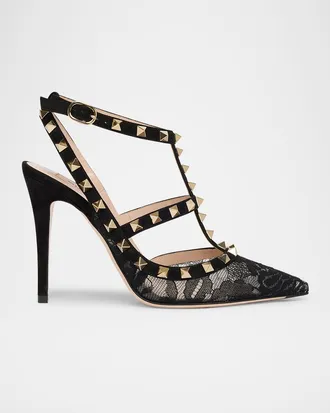 Valentino Garavani 100mm Rockstud Lace Ankle-Strap Pumps
