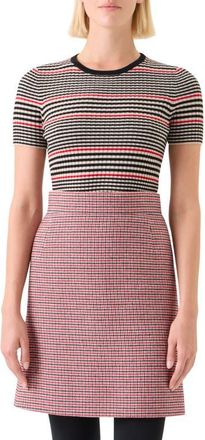 Akris Stripe Short Sleeve Virgin Wool Rib Sweater in Black-Cream-Vermillion at Nordstrom, Size 14