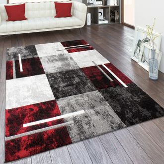 Paco Home Paco Home - Alfombra Sal&oacute;n Pelo Corto Efecto 3d Vintage Perfil Contorneado Motivo Moderno 240x330 Cm, Gris-rojo