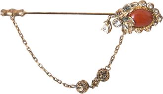 Dolce & Gabbana Womens Gold Brass Crystal Chain 925 Sterling Silver Pin Brooch Accessory