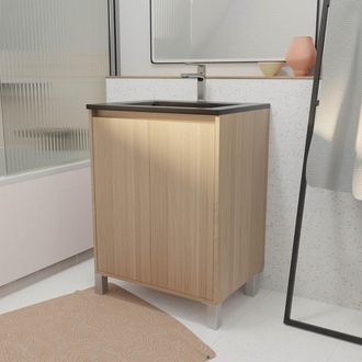 Aurlane Aurlane - Mueble De Ba&ntilde;o 60 Cm 2 Puertas Roble Claro + Lavabo De Cer&aacute;mica Negra