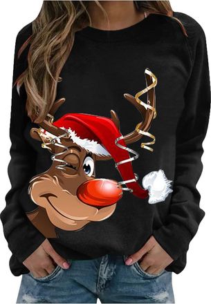 Generic Christmas Jumpers For Women Elf Shirts Funny Gnome Doll Print Pullover Cute Long Sleeve Crewneck Hoodies Ladies Christmas Sweatshirt Tops Xmas Loose P