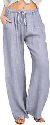 Generic Womens Cotton Linen Trousers, 2024 Summer Beach Trousers with Drawstring Elasticated Waist Solid Wide Leg Loose Fit Straight Leg Pants with Pockets (G