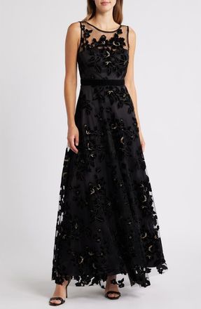 Eliza J Flocked Metallic Tulle Gown in Black at Nordstrom, Size 12