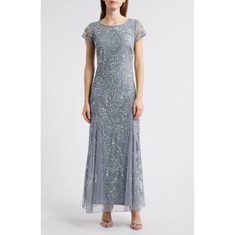 Pisarro Nights Beaded Mesh Midi Cocktail Dress in Soft Blue at Nordstrom, Size 14