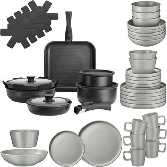 TecTake Set b&aacute;sico de cocina para 6 personas, 47 piezas, gris/negro