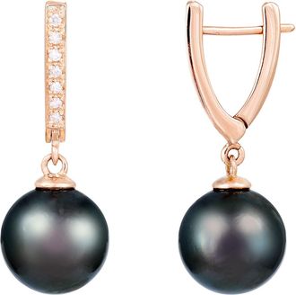 Splendid Pearls 14k Gold Diamond Encrusted Tahitian Pearl Earrings