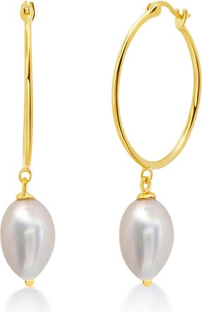 MAX + STONE 18K Yellow Gold Vermeil 33MM Freshwater Pearl White Baroque Pearl Hoop Earrings