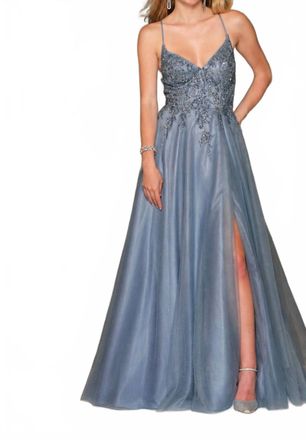 Dave & Johnny A-Line Ball Gown In Smoke Blue