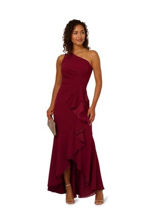 Adrianna Papell Womens Crepe One Shoulder Ruffle Gown - Red - Size 18 UK