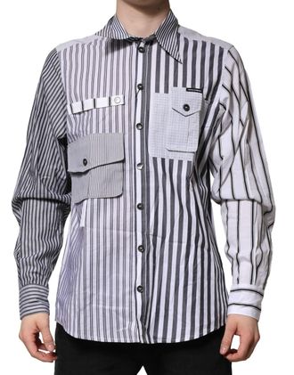 Dolce & Gabbana White Gray Striped Cotton Men Casual Shirt Nylon Elastane