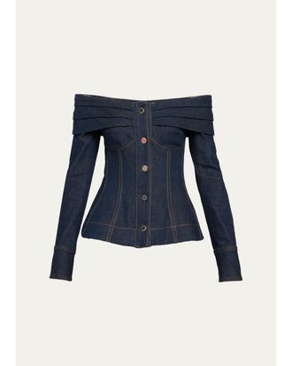 Zimmermann Clash Denim Off-Shoulder Boatneck Top