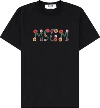 Msgm Floral Logo Cotton Crewneck T-Shirt