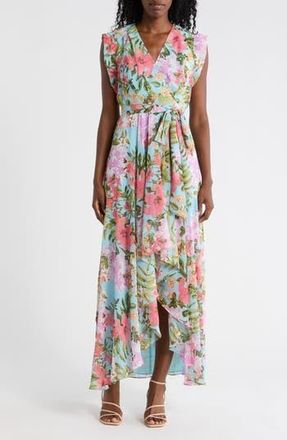 Eliza J Obi Floral Cap Sleeve High-Low Maxi Dress in Light Blue at Nordstrom Rack, Size 12