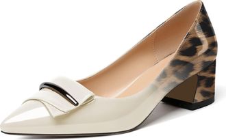 elashe Women Pointed Toe Pumps Mid Block Heels Business Formal Dress Shoes for Office Lady Leopard White EU39