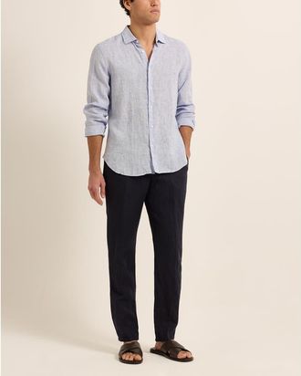 Orlebar Brown Giles Linen Tailored-Fit Shirt in Navy/white at Nordstrom, Size Medium