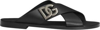 Dolce & Gabbana Zwarte Logo Kalfsleren Sandalen - Heren - Sandalen - Zwart - 39 EU - Leer - Schoenen