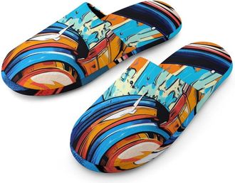 Generic Comic Headphones Warm Mens Slippers Slip On Soft Fleece House Shoes Winter Indoor Outdoor