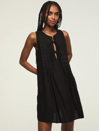 Lucky Brand Womens Pleated Tie Neck Mini Dress