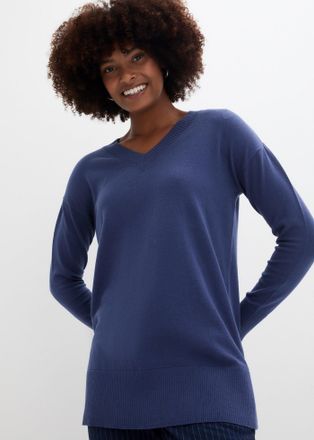 Bonprix Longpullover BONPRIX Long-Pullover, Damen, Gr. 56/58 (XXXL), blau (indigo), Obermaterial: 70% Baumwolle, 30% Polyamid, loose fit, V-Ausschnitt, Pullov