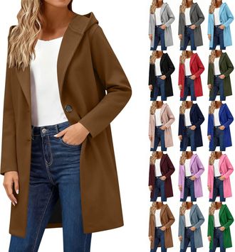 Generic Winter Coats for Women Plus Size Jackets for Womens with Hood Wool Blend Trench Coat Elegant Single Breasted Stand Collar Long Sleeve Tops Outerwear C