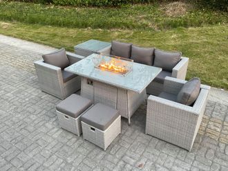 Fimous Rattan Garden Furniture Set Gas Fire Pit Lounge Sofa Chair Dining Set With Side Table & 2 PC Arm Chair in Light Grey