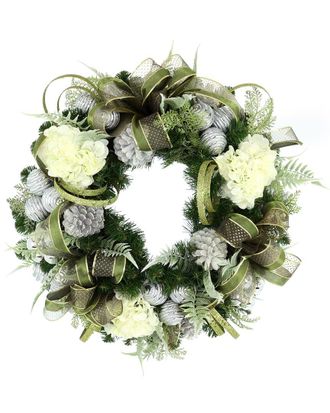 Creative Displays Inc. Handmade 26In Modern Holiday Wreath With Hydrangeas, Ornaments & Decorative Bows