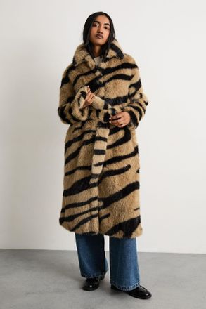 Warehouse Womens Faux Fur Zebra Print Coat - White & Black - Size 12 UK