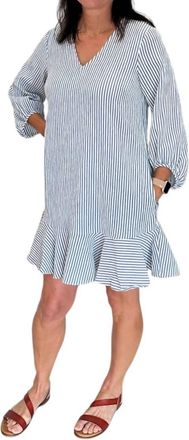 Maggy London V-Neck Stripe Flounce Dress In Blue