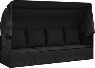 vidaXL Sof&aacute; Tumbona De Jard&iacute;n Con Toldo Cojines Rat&aacute;n Sint&eacute;tico Negro Vidaxl