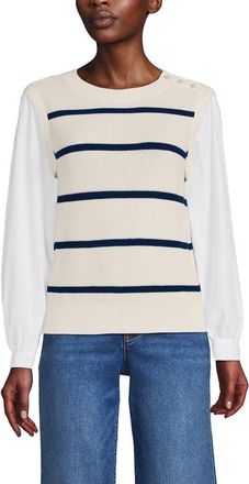 Lands End Drifter Shaker Button Shoulder Sweater Vest with Poplin Sleeves in Fresh Ivory/navy Stripe at Nordstrom, Size X-Small