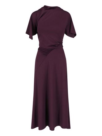 Victoria Beckham Burgundy Midi Dress with Ruched Asymmetrical Detailing