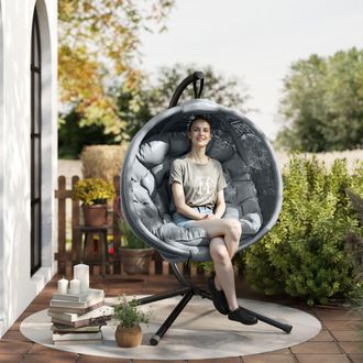 OUTSUNNY Hanging Swing Chair w/ Metal Stand & Side Pocket in Dark Grey