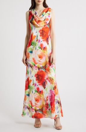 Eliza J Drape Neck Sleeveless Gown in Orange Multi at Nordstrom, Size 14